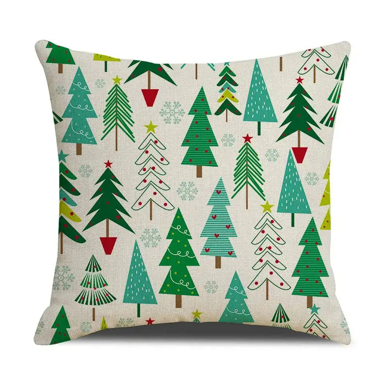 Decorbites christmas linen cushion cover featuring green christmas trees with red ornaments on off-white fabric
