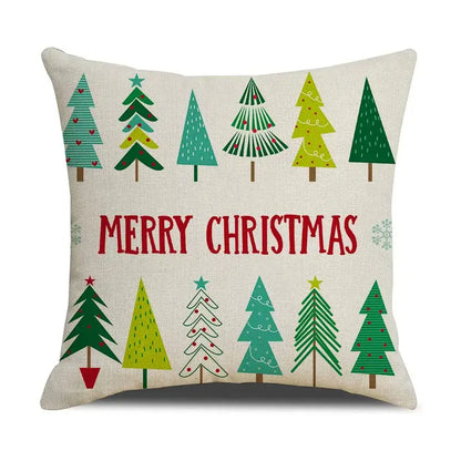Beige linen cushion cover with festive green and teal christmas trees and red merry christmas text by decorbites christmas linen