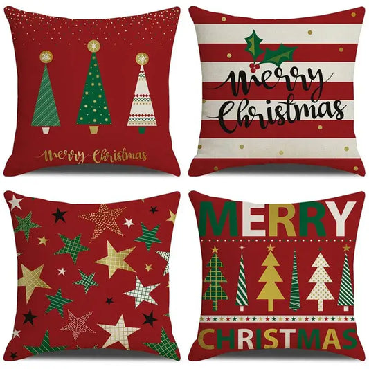 Set of four festive red decorbites christmas linen cushion covers with unique holiday designs for living room decor