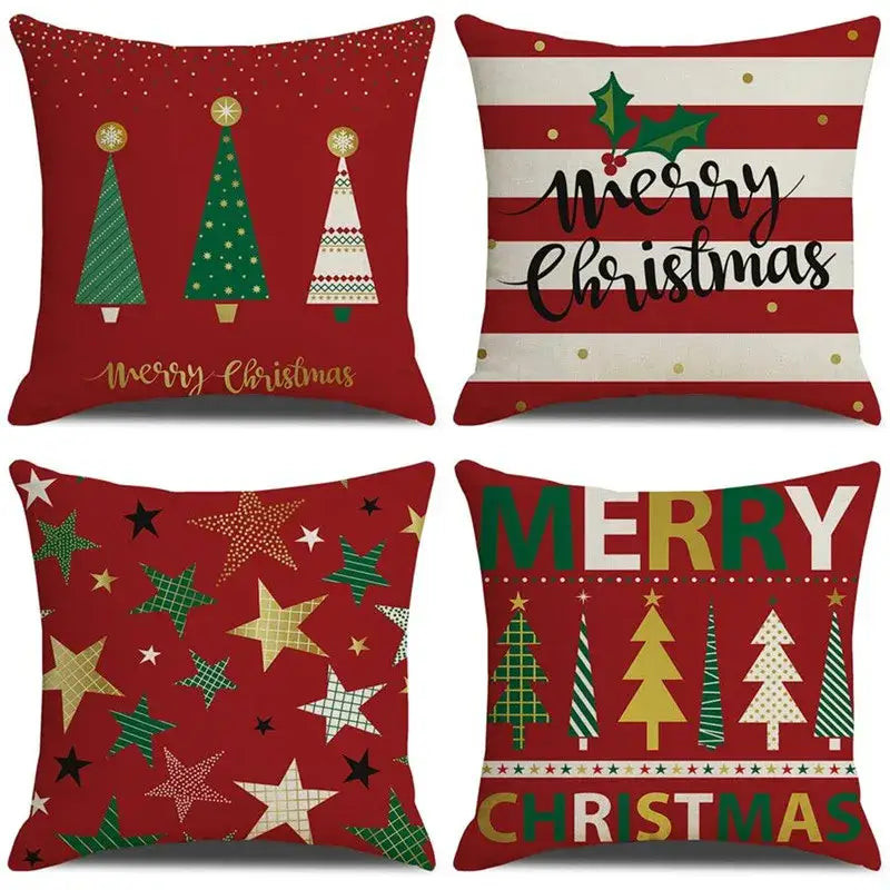 Set of four festive red decorbites christmas linen cushion covers with unique holiday designs for living room decor