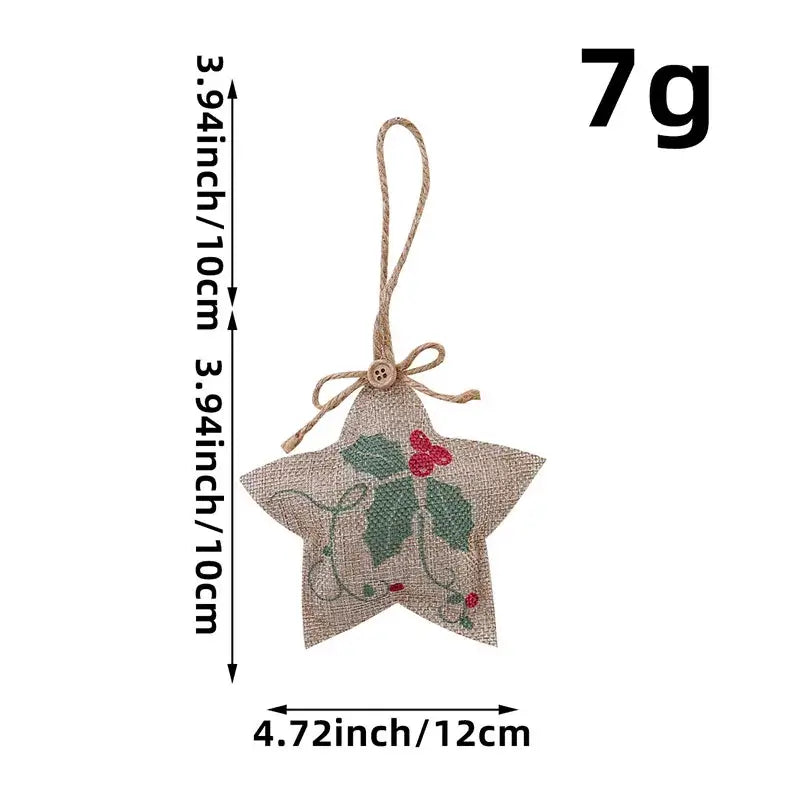 Decorbites™ christmas linen printed pentagram sock ornament in beige burlap with embroidered holly and twine loop