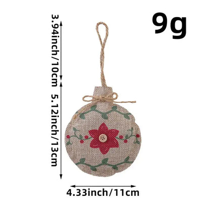 A rustic beige linen printed pentagram sock christmas ornament with red embroidered flower and natural twine hanger