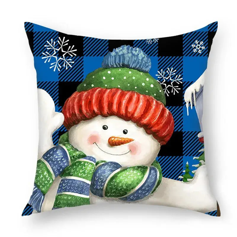 Cozy decorbites christmas nordic sofa pillowcase with cheerful snowman and bold blue black plaid for living room decor