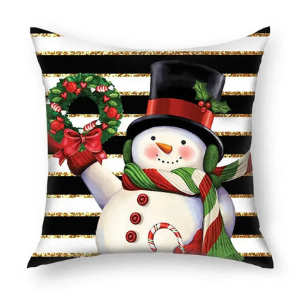 A decorbites christmas nordic sofa pillowcase featuring a white snowman with a black top hat and festive green scarf