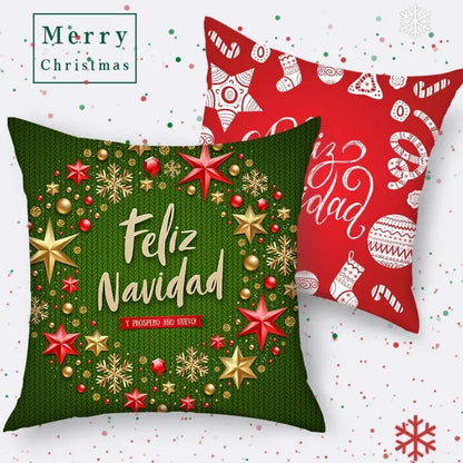 Green knitted-textured decorbites christmas nordic sofa pillowcase with festive wreath and feliz navidad text