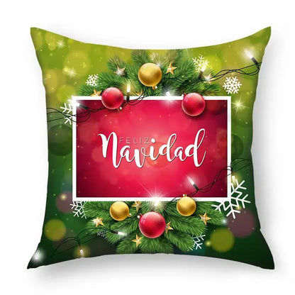 Green holiday-themed decorbites christmas nordic sofa pillowcase with red gold ornaments and feliz navidad script panel