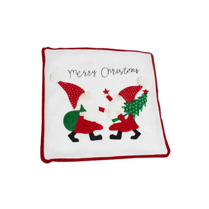 White christmas-themed pillow cover with embroidered santa figures and red trim from decorbites christmas patchwork collection