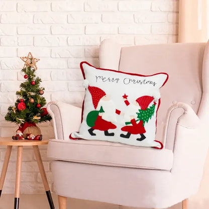Decorbites christmas patchwork white pillow cover with red and green embroidered santas and merry christmas script