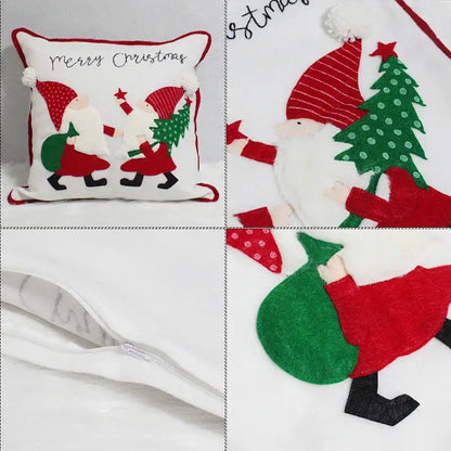 White christmas-themed pillow cover with red green felt santa figures embroidered merry christmas text decorbites christmas patchwork
