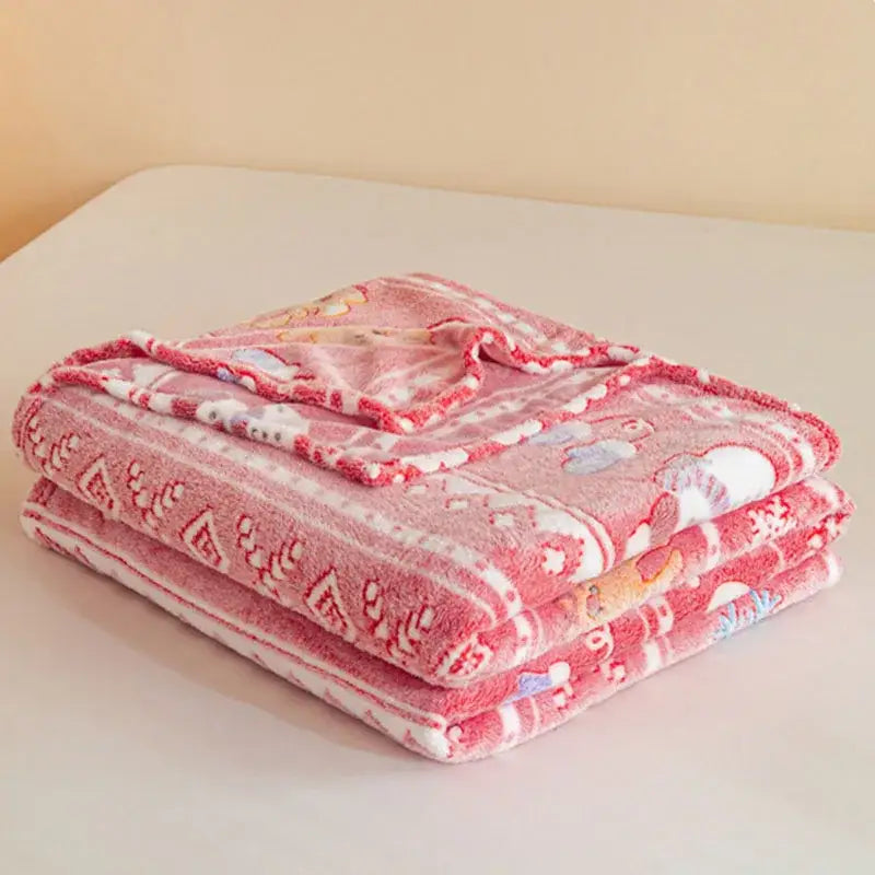 Pink plush decorbites christmas pattern printed soft blanket with cartoon and geometric designs for bed and sofa use