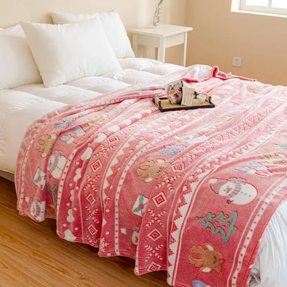 Pink decorbites christmas pattern printed soft blanket with festive snowmen reindeer and christmas tree designs