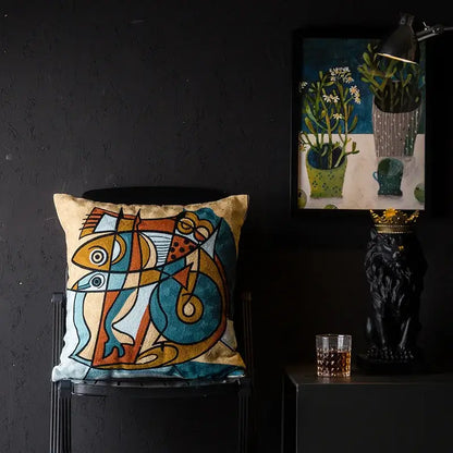 Decorbites christmas picasso square cushion cover with embroidered teal orange fish on beige for sofa and bed decor