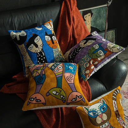 Colorful embroidered cat-themed cushion cover in vibrant blues purples and yellows by decorbites christmas picasso style