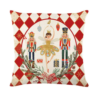 Red and white diamond patterned decorbites christmas pillowcase with nutcracker and golden fairy wreath design