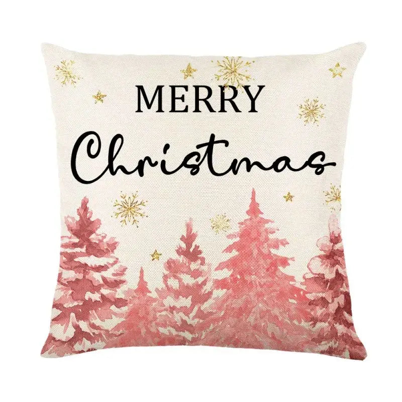 Cream-colored decorbites christmas pillowcase with pink pine trees gold snowflakes and merry christmas script text