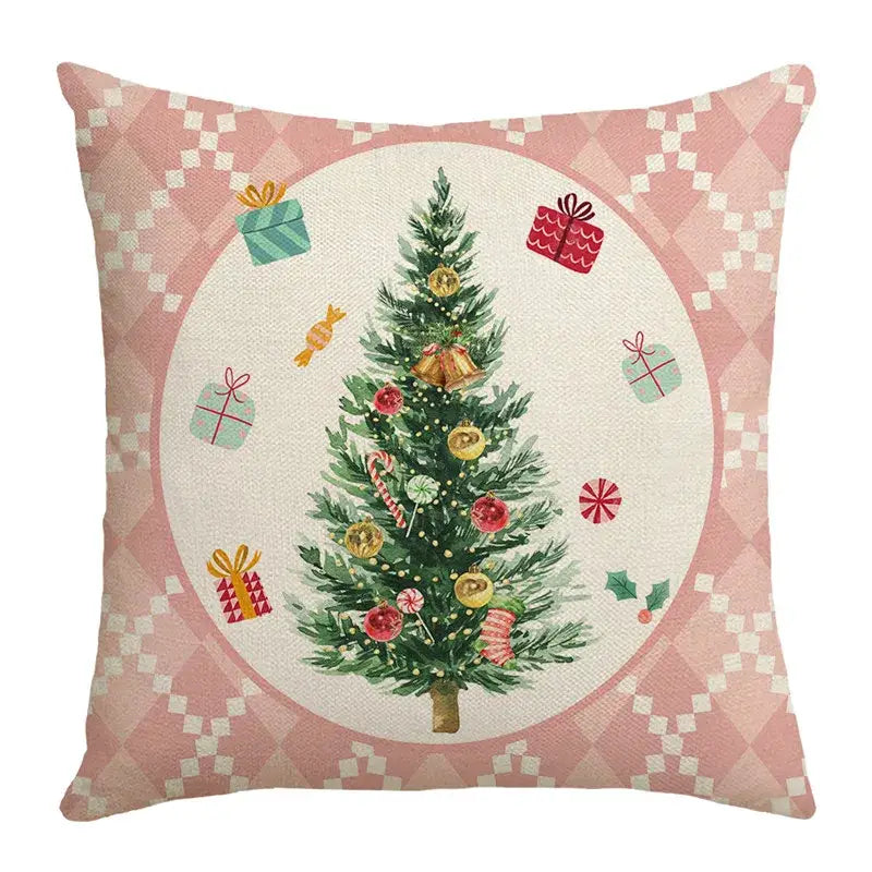 Pink and white argyle decorbites christmas pillowcase featuring a watercolor christmas tree with festive ornaments