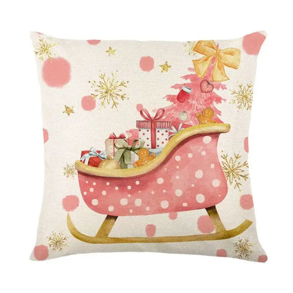Decorbites christmas pillowcase featuring a pink polka-dotted sleigh with gold snowflakes and festive christmas tree design