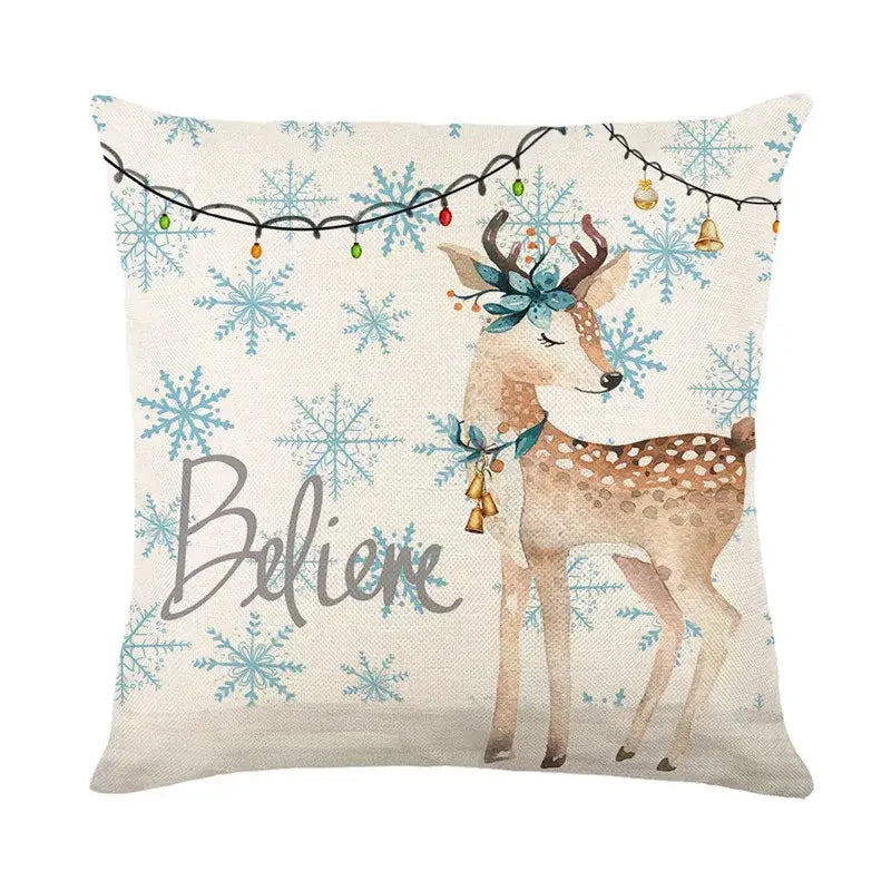 Beige decorbites christmas pillowcase with watercolor deer in teal wreath and bells against blue snowflakes background