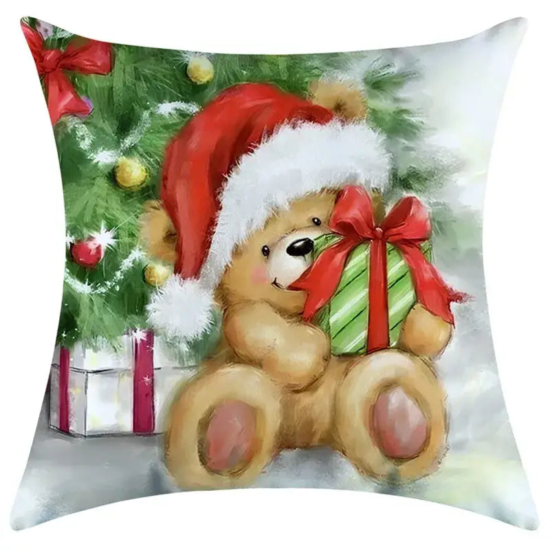 Decorbites christmas pillowcase featuring a cozy tan plush teddy bear in a santa hat holding a green striped gift