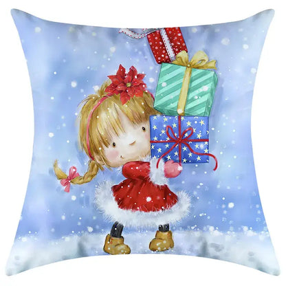 A decorbites christmas pillowcase featuring a blonde girl in a red dress holding gifts on a snowy blue background