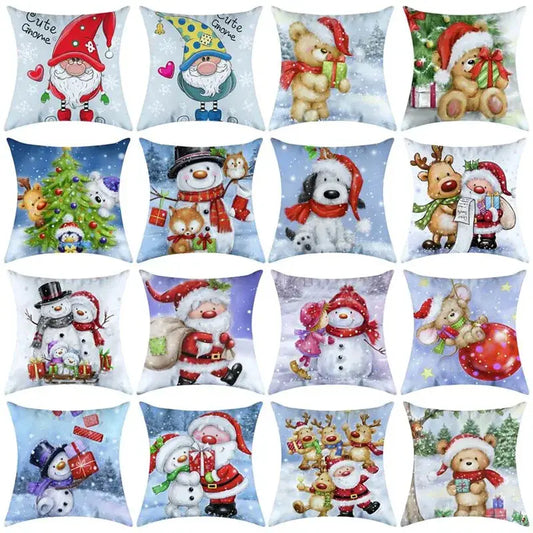 Decorbites christmas pillowcase featuring vibrant santa snowmen reindeer and gnomes on a snowy background