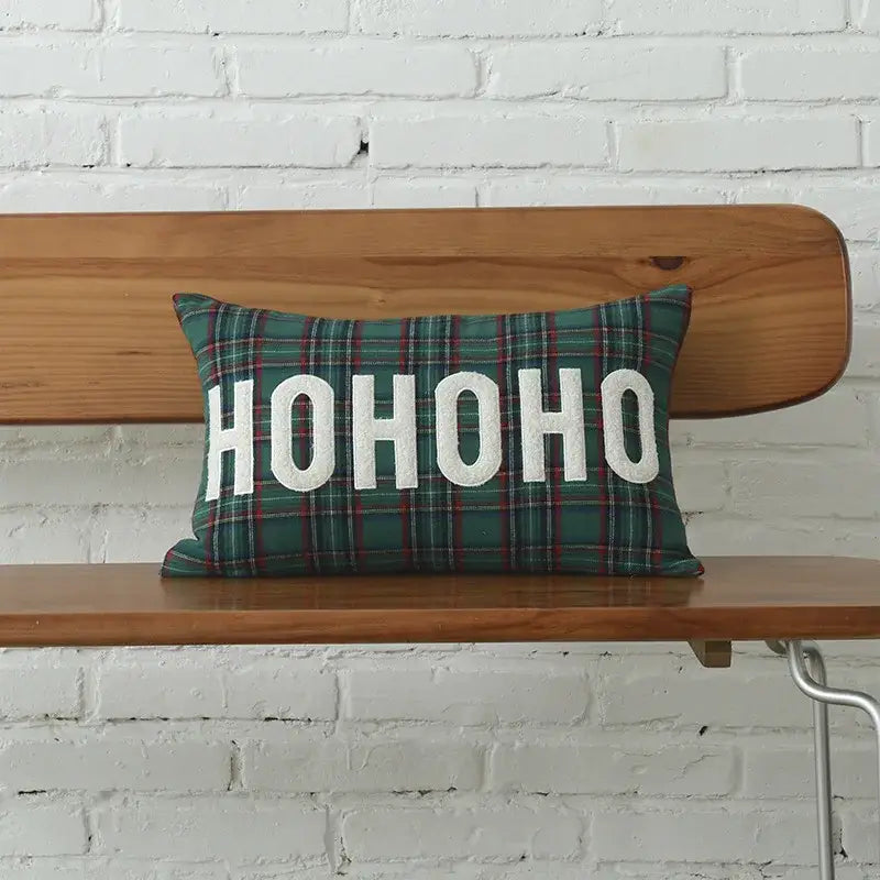 Green plaid cotton canvas cushion cover with white hohoo text and snowflake embroidery decorbites christmas plaid