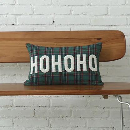Green plaid cotton canvas cushion cover with white hohoo text and snowflake embroidery decorbites christmas plaid