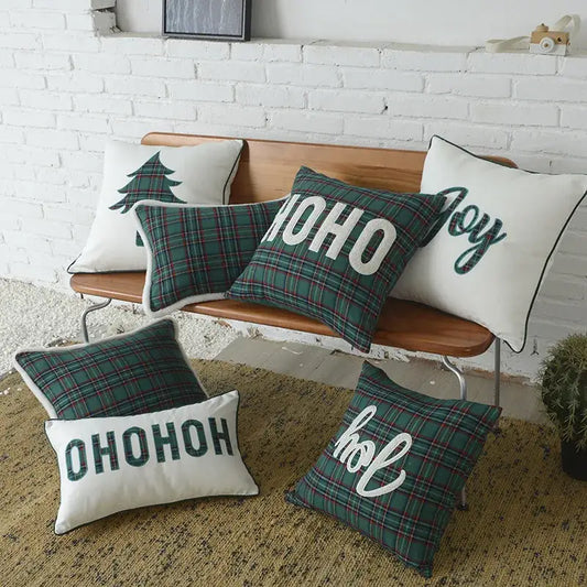 DecorBites christmas plaid green and white cotton cushion cover with festive text and snowflake embroidery