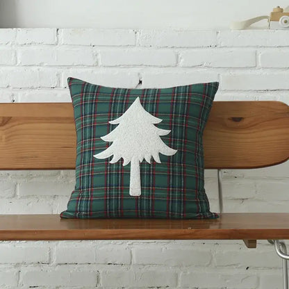 Green plaid cotton canvas cushion cover with white felt tree appliqué and snowflake embroidery by decorbites christmas plaid