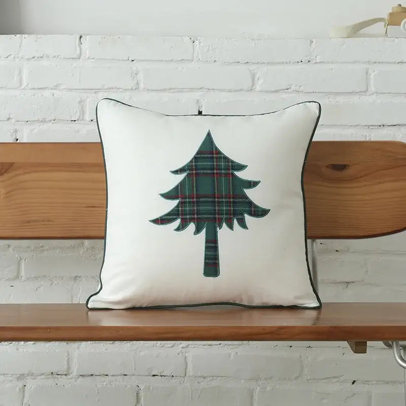 White cotton canvas cushion cover with green plaid christmas tree and snowflake embroidery by decorbites christmas plaid