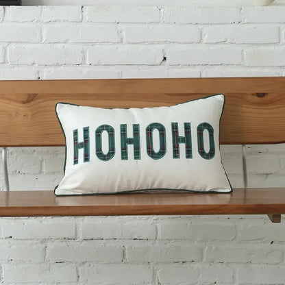 White rectangular cotton canvas cushion cover with green plaid ho ho ho lettering and snowflake embroidery by decorbites christmas plaid
