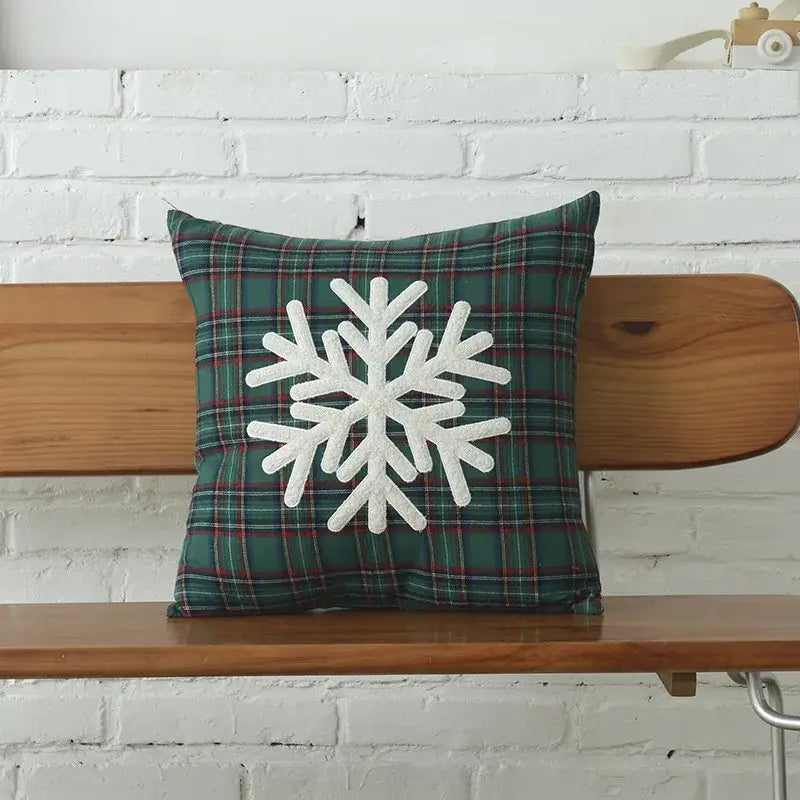 Green plaid cotton canvas cushion cover with white snowflake embroidery for decorbites Christmas plaid collection