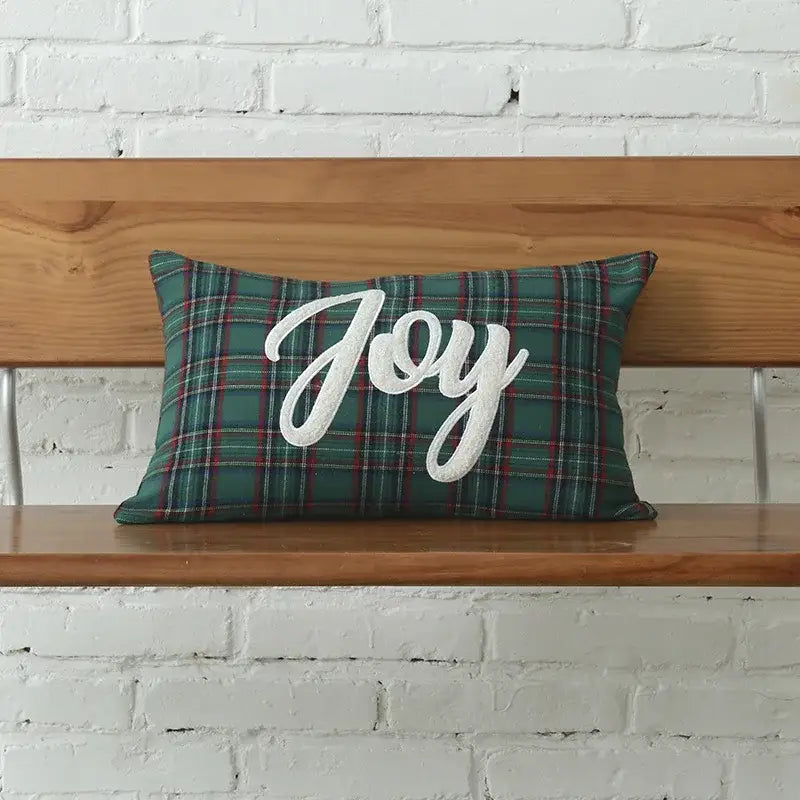 Rectangular green plaid cotton canvas cushion cover with white joy embroidery and snowflake embroidery by decorbites christmas plaid