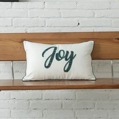 White rectangular cushion cover with green plaid joy embroidery and dark green piping from decorbites christmas plaid cotton collection