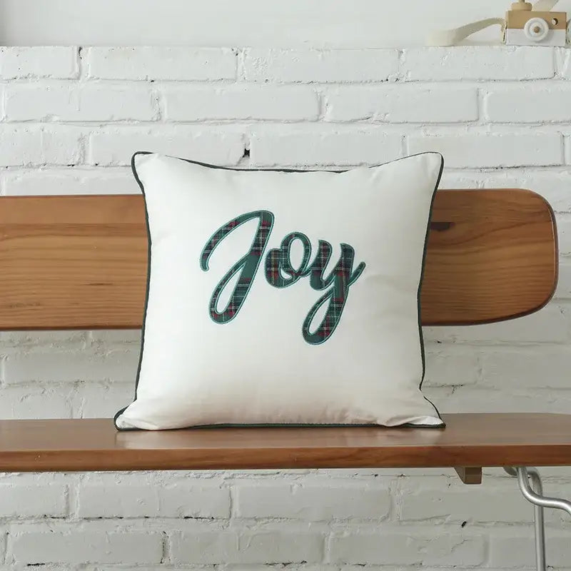 Decorbites christmas plaid cotton cushion cover featuring white fabric with joy embroidered in green red plaid and black piping