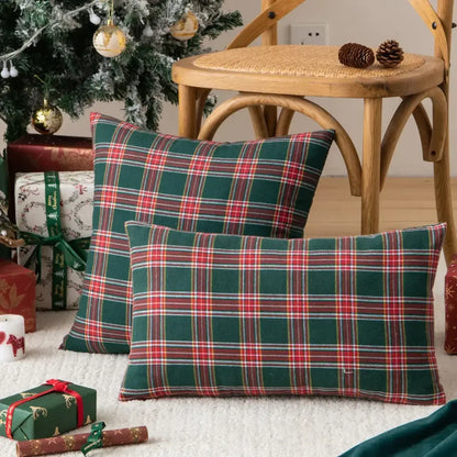 Two rectangular throw pillows with decorbites christmas plaid cushion cover in classic green red for home decor