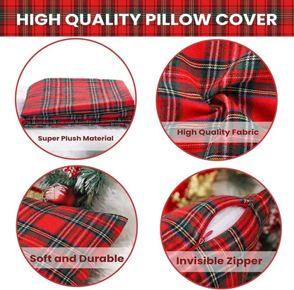 DecorBites Christmas plaid pillow covers in red green and black plaid super plush fabric with invisible zipper for holiday decor