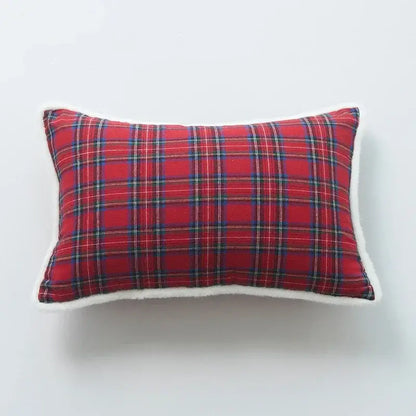 DecorBites Christmas plaid print pillow case set featuring a red plaid cushion with white faux fur trim