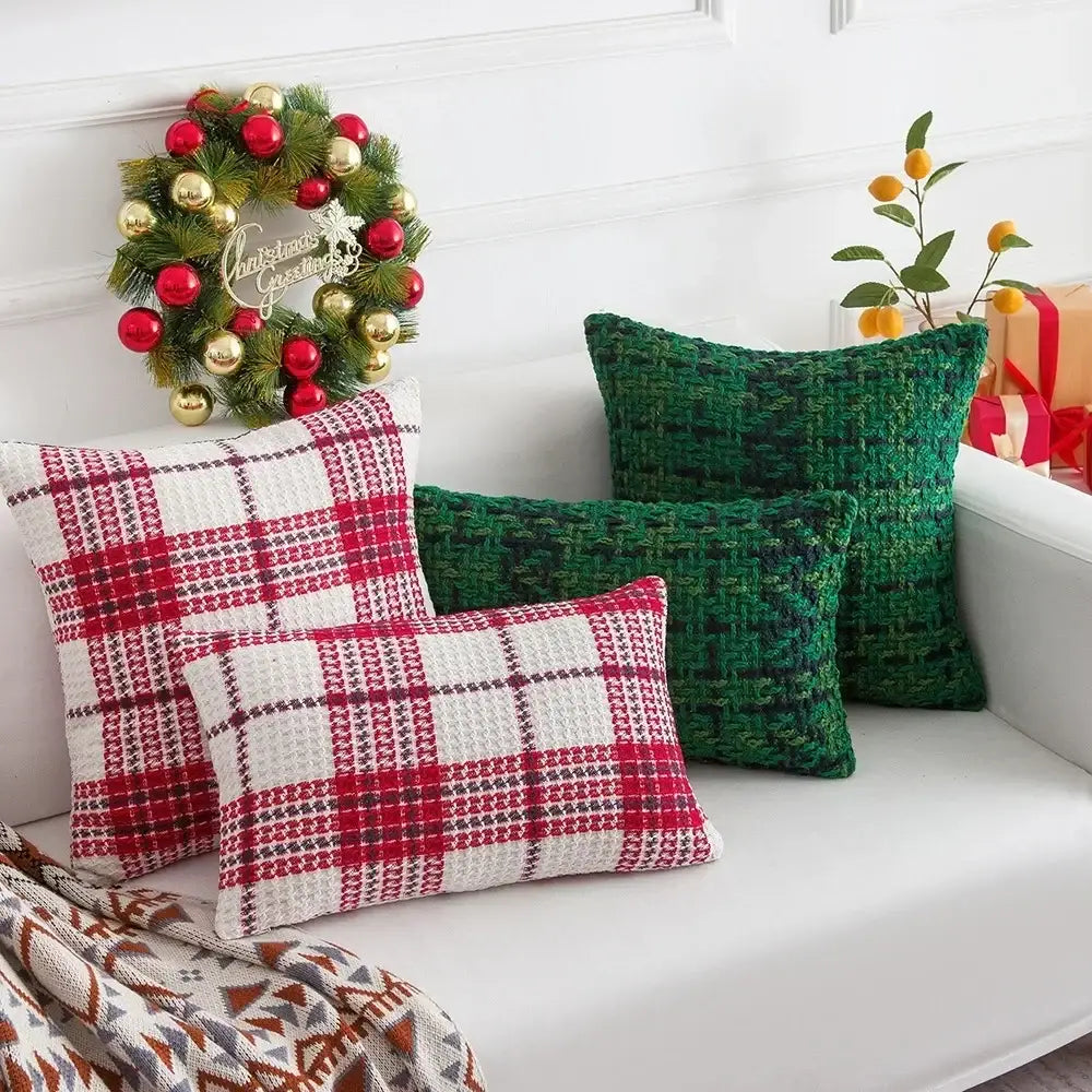 Decorbites™ christmas plaid weave cushion cover in red and white with textured woven fabric for festive decor