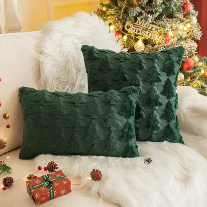 Deep green decorbites christmas plush pillow case set with raised pine tree patterns on white fur surface