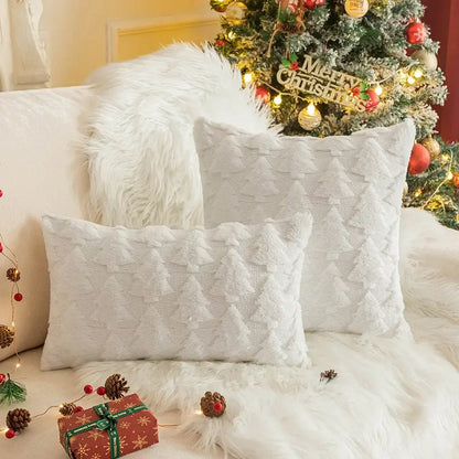 White textured decorbites christmas plush pillow case set with raised tree pattern in soft knit fabric for holiday decor