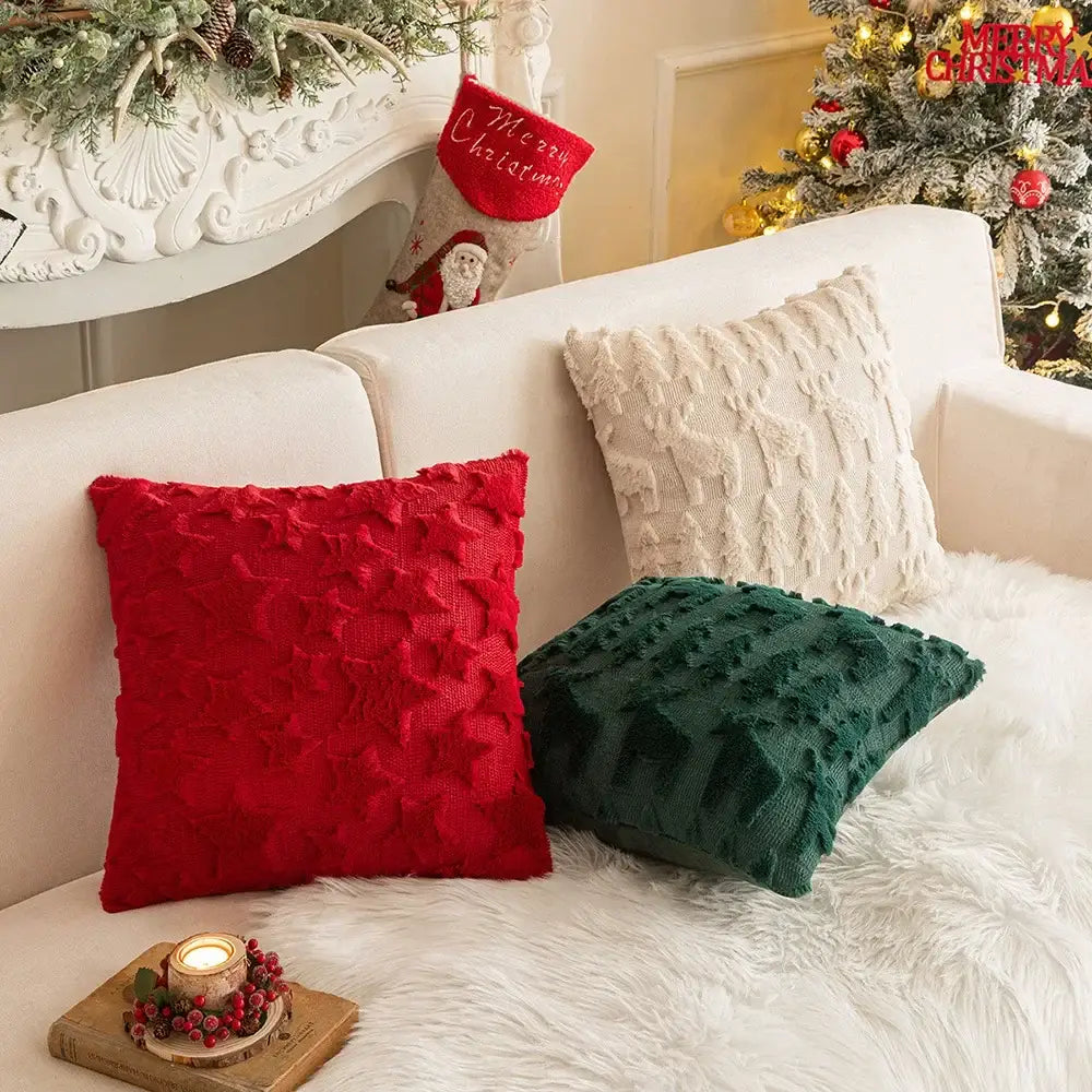 Decorbites christmas plush throw pillow case set with red and green textured raised floral patterns for holiday decor