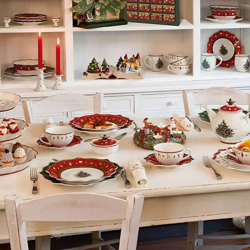 Red and white decorbites christmas porcelain tableware set featuring festive tree designs for holiday dining
