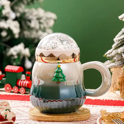 A decorbites christmas santa ceramic mug with lid featuring a white to green gradient and gold accents for festive use