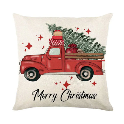 Beige decorbites christmas santa linen pillow cover featuring a red vintage truck with christmas tree and gifts with merry christmas text