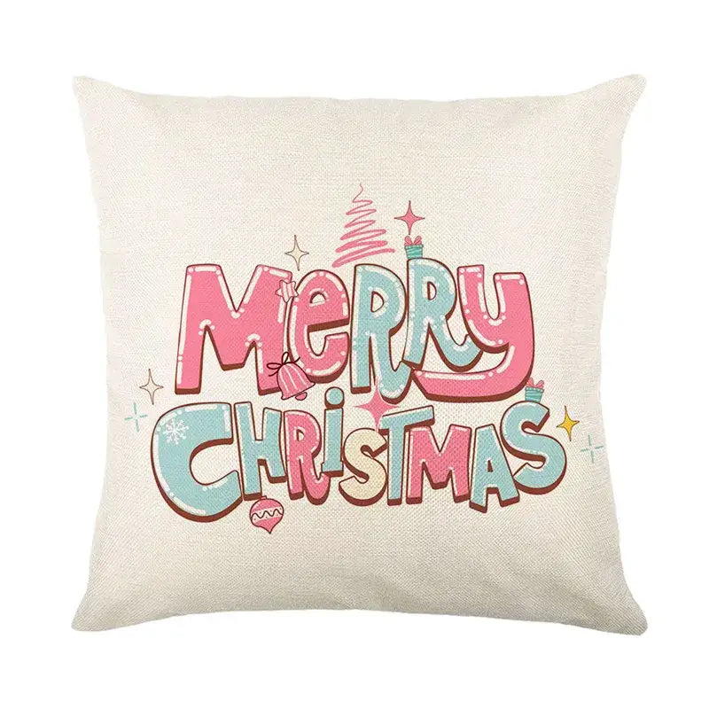 Beige linen pillow cover with merry christmas in pink and teal festive graphics decorbites christmas santa claus design
