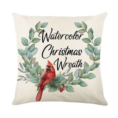 Beige linen pillow cover with red cardinal watercolor design for decorbites christmas santa living room decor