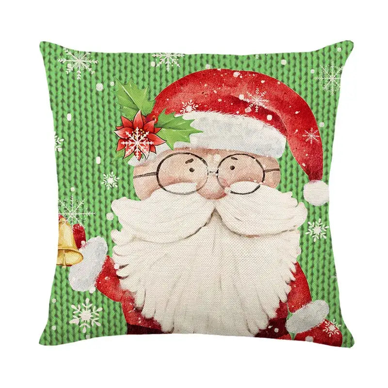 Green knitted pillow cover with watercolor santa claus in red and white attire holly accent decorbites christmas santa