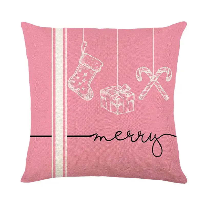Pink linen pillow cover with white holiday drawings and merry text by decorbites christmas santa claus collection