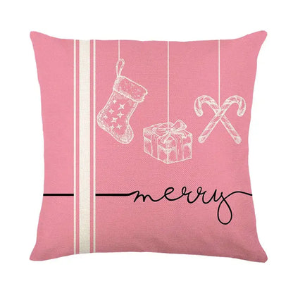 Pink linen pillow cover with white holiday drawings and merry text by decorbites christmas santa claus collection